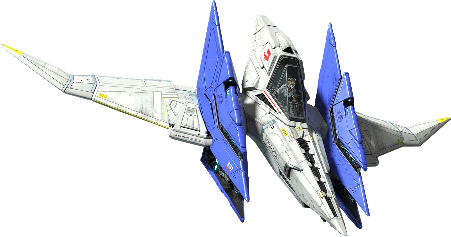 Fox McCloud steers the Arwing while blasting out two green lasers. The Arwing gently floats and moves, mimicking its journey through space.