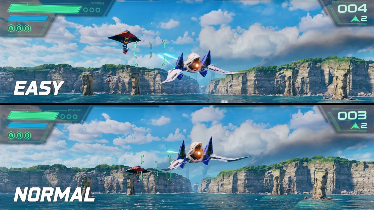 A split screen of two battle modes, Easy and Normal. The Easy screen shows the player aiming towards a rival ship, while the Normal screen shows the player lowering its aim after defeating a rival.